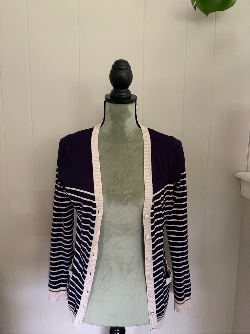 Audrey & Grace Navy and White Striped Cardigan with Cream Trim